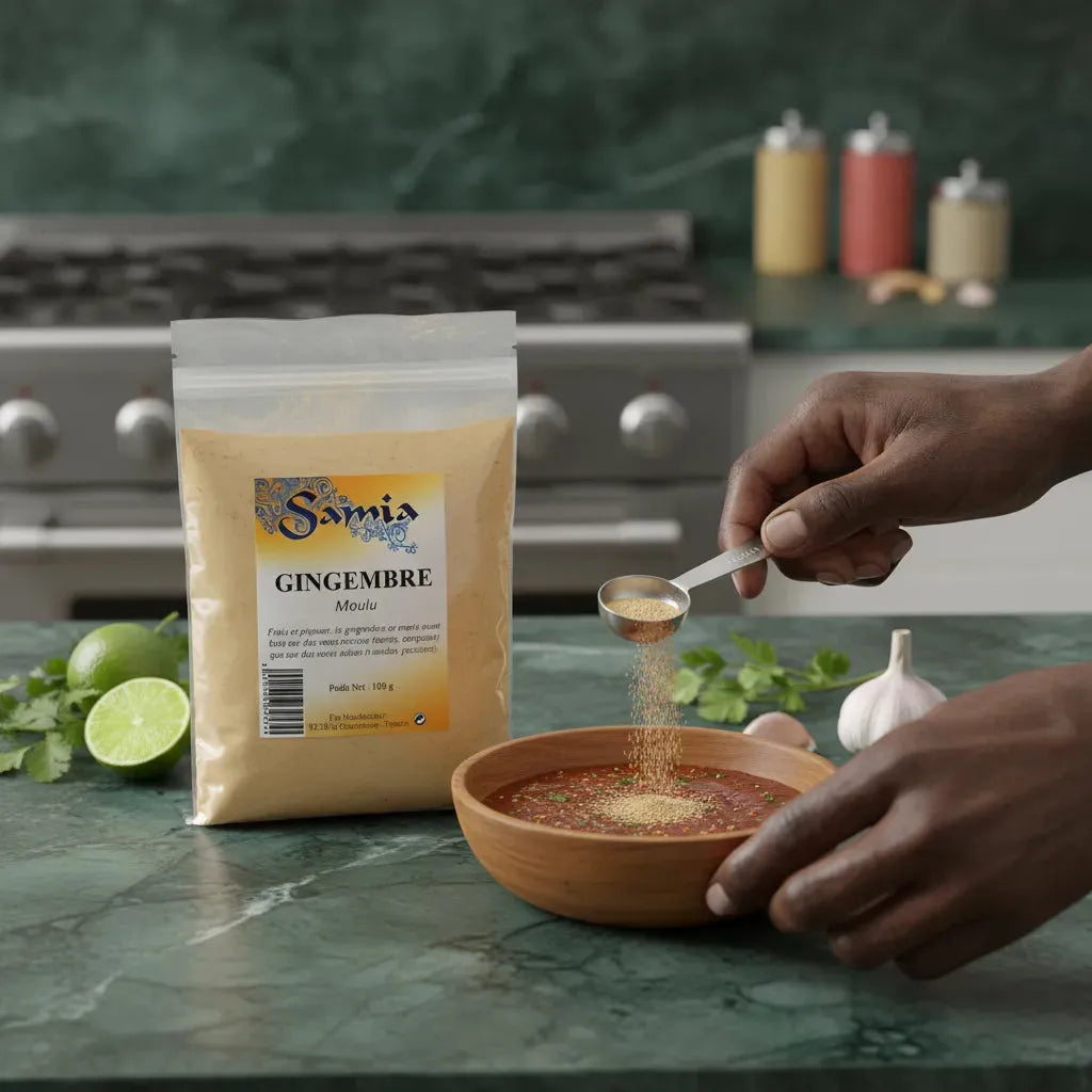 Cuillère de poudre de gingembre Samia versée dans une sauce maison, épice idéale pour marinades et plats salés.