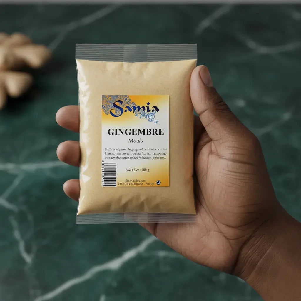 Poudre de Gingembre Samia tenue en main, format pratique 100g pour une utilisation quotidienne en cuisine sucrée ou salée.