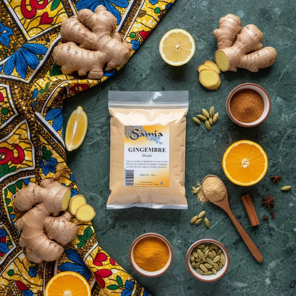 Poudre de Gingembre Samia entourée d'ingrédients frais et épices, idéale pour recettes exotiques, boissons et pâtisseries maison.
