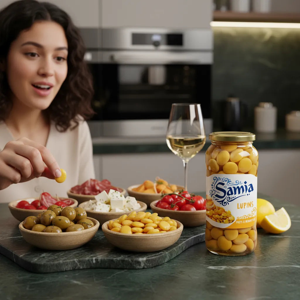 Lupins en bocal SAMIA - apéritif méditerranéen avec lupins, olives et fromage sur table moderne, parfait pour une dégustation conviviale.