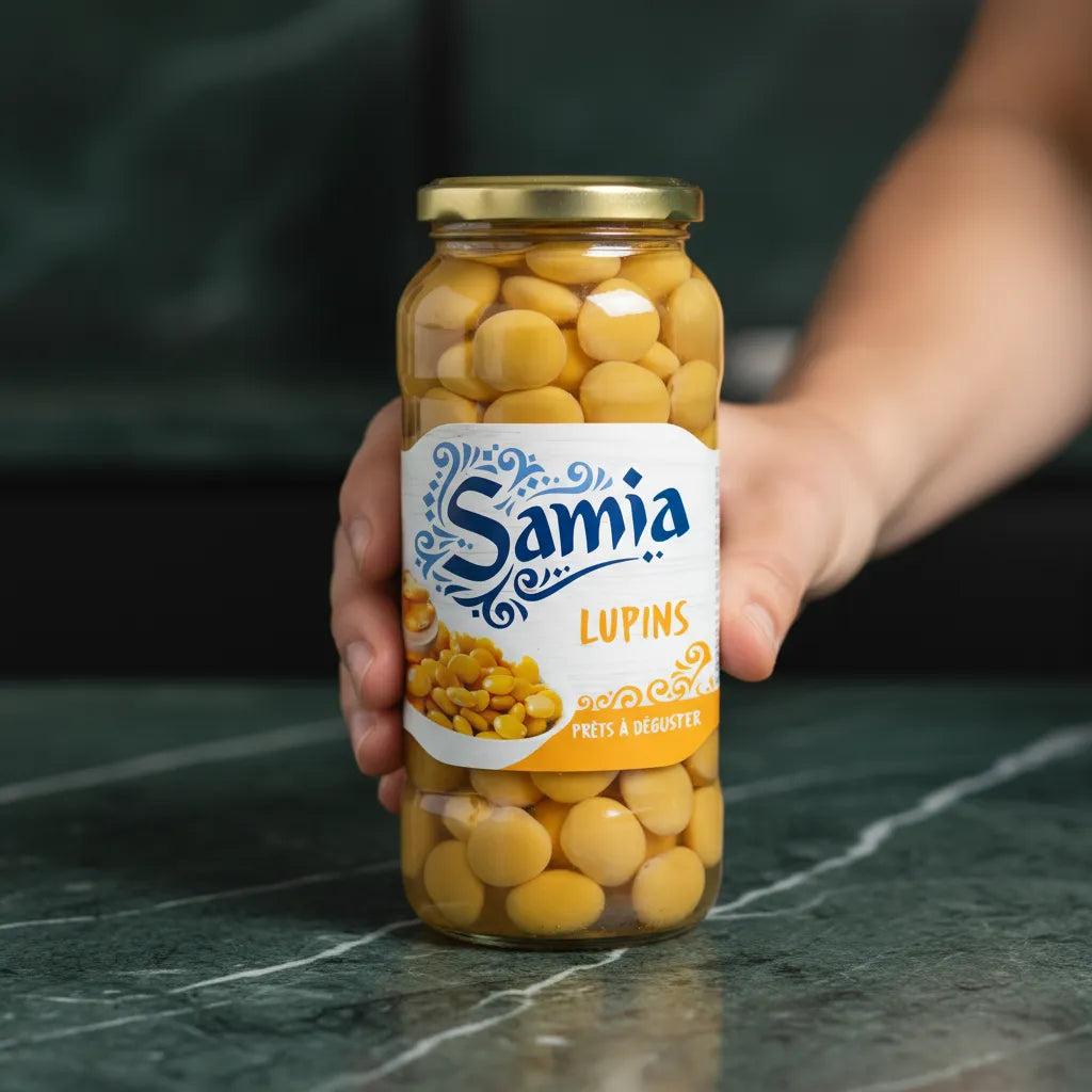 Lupins en bocal SAMIA - gros plan sur un bocal de lupins tenu à la main, produit d'épicerie salée prêt à consommer, texture ferme.