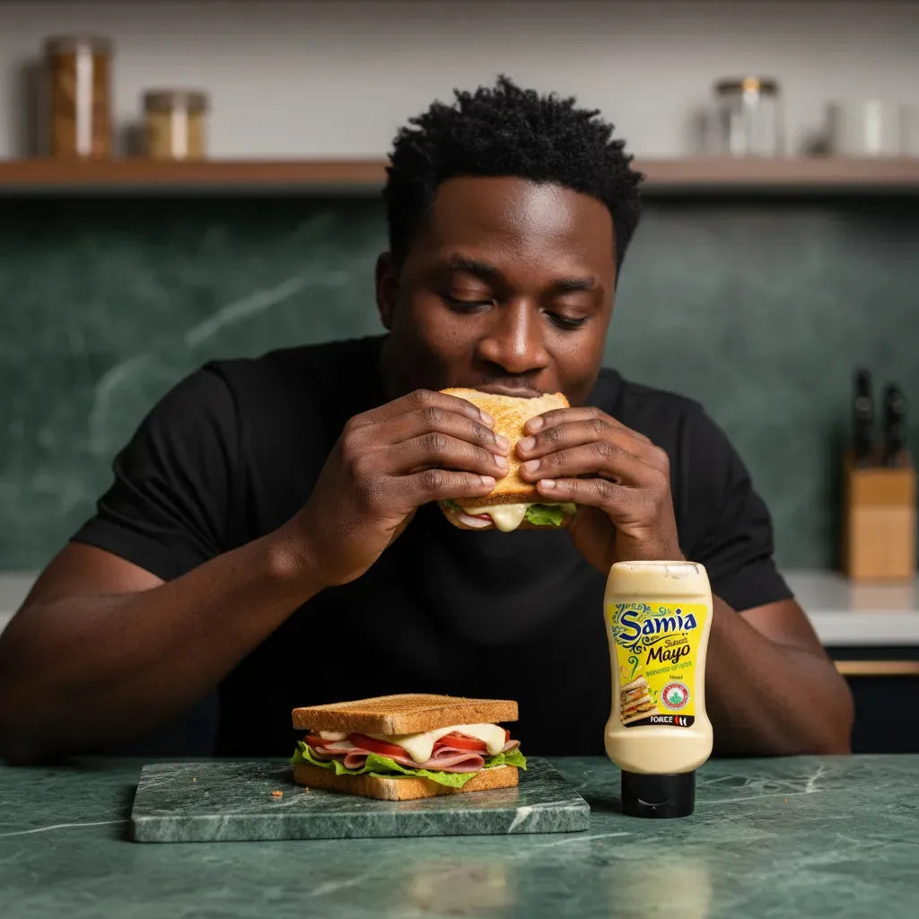 Homme dégustant un sandwich garni avec la sauce mayonnaise SAMIA halal, condiment crémeux parfait pour les repas maison.