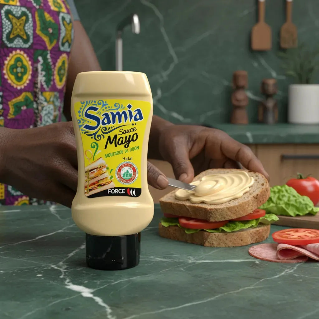 Main étalant la sauce mayonnaise SAMIA halal sur une tranche de pain avec légumes frais, idéale pour l'épicerie salée.