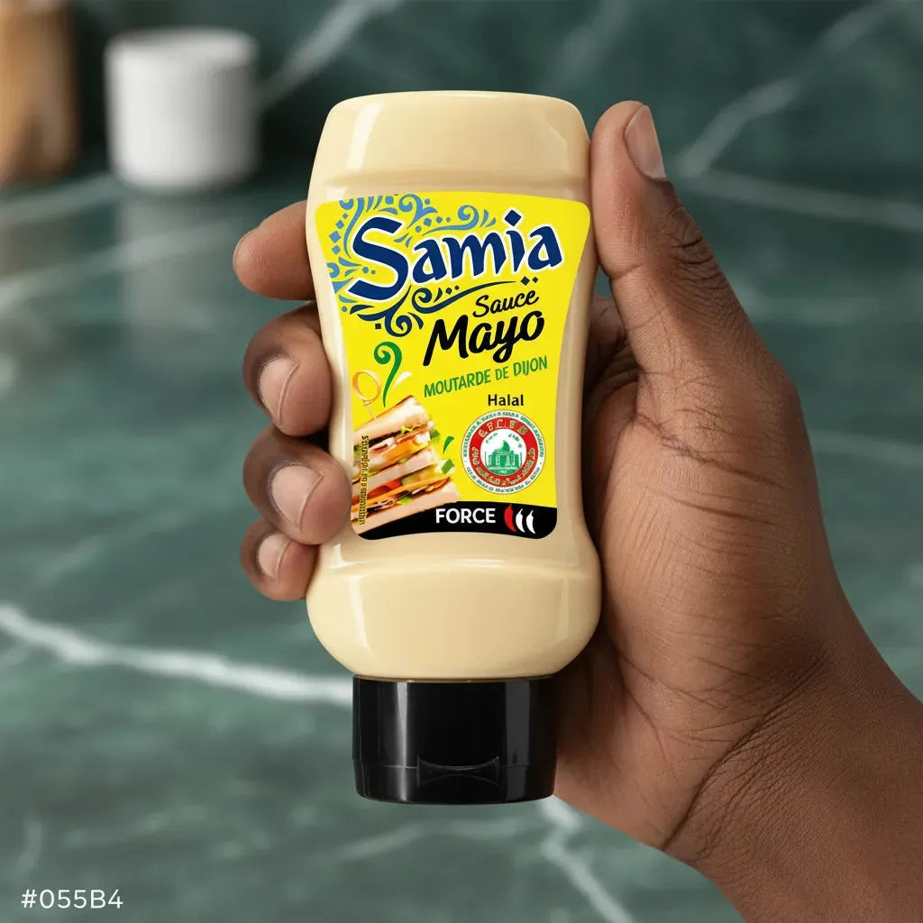 Main tenant une bouteille de sauce mayonnaise SAMIA halal, condiment crémeux à la moutarde de Dijon pour plats savoureux.