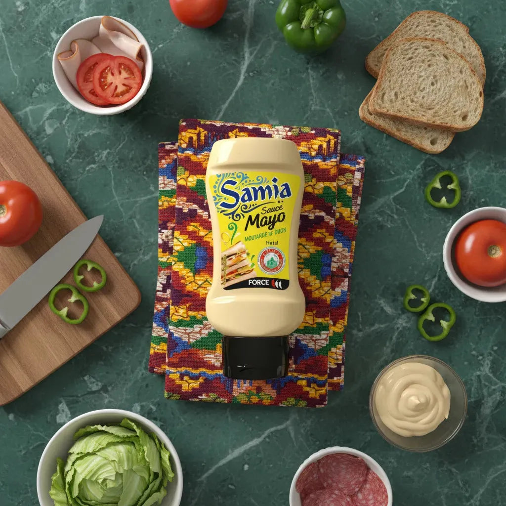 Bouteille de sauce mayonnaise halal SAMIA posée sur un tissu coloré entourée d'ingrédients frais pour sandwichs et salades.