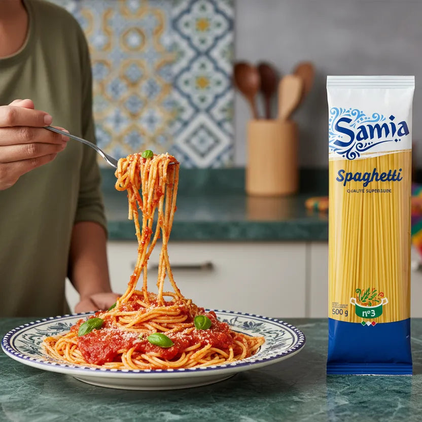 Assiette de spaghetti n°3 SAMIA avec sauce tomate et basilic, à côté du paquet de pâtes. Parfait pour une cuisine méditerranéenne maison.