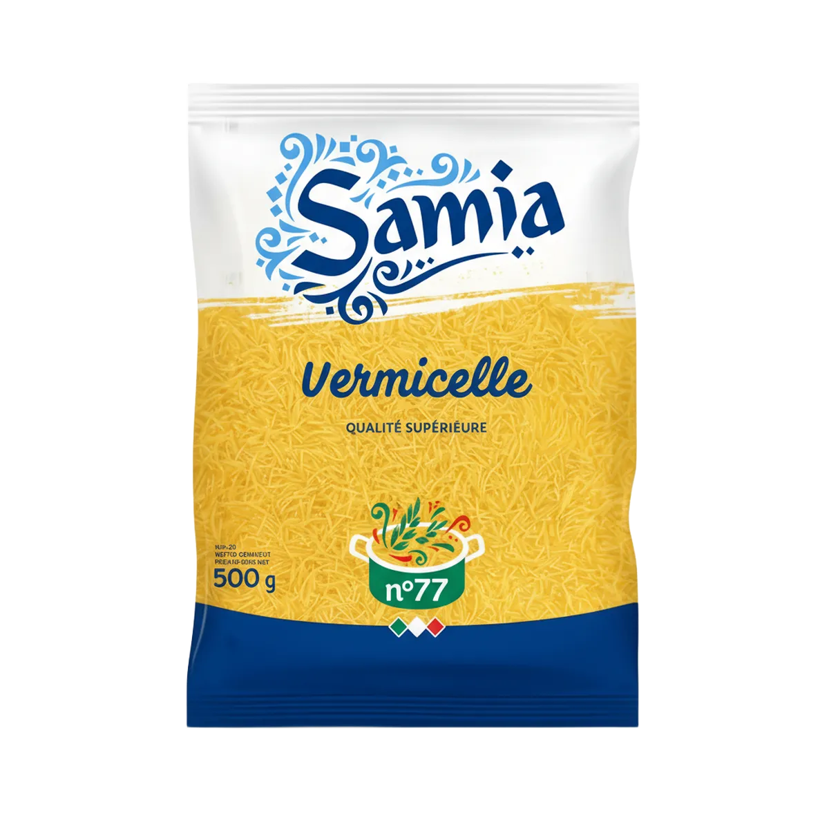 Pâtes Vermicelles Samia n°77 en sachet de 500 g, qualité supérieure, idéales pour soupes, salades ou plats sautés. Emballage coloré bleu et jaune.