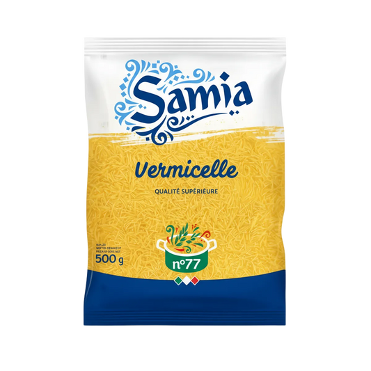 Pâtes Vermicelles Samia n°77 en sachet de 500 g, qualité supérieure, idéales pour soupes, salades ou plats sautés. Emballage coloré bleu et jaune.