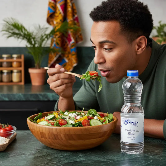 Homme dégustant une salade fraîche avec une bouteille de vinaigre blanc halal SAMIA à côté, parfait pour relever les plats sains.