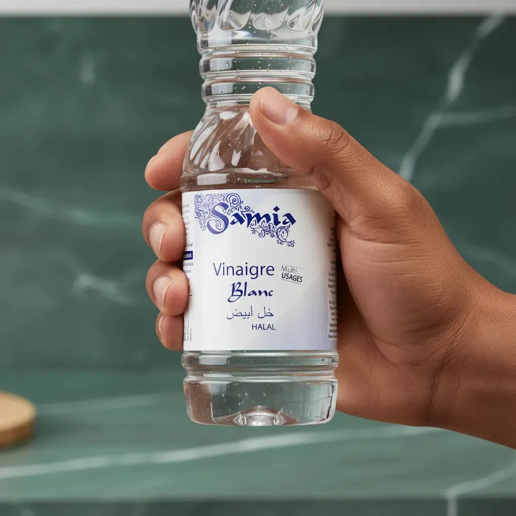 Main tenant une bouteille de vinaigre blanc halal SAMIA, condiment pur et polyvalent pour assaisonnement et nettoyage domestique.