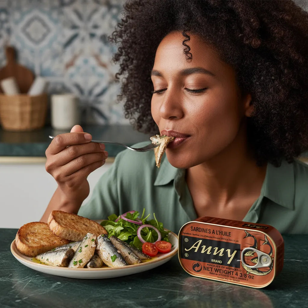 Femme dégustant des sardines à l'huile ANNY avec salade et pain grillé, illustrant goût et qualité pour plats équilibrés.