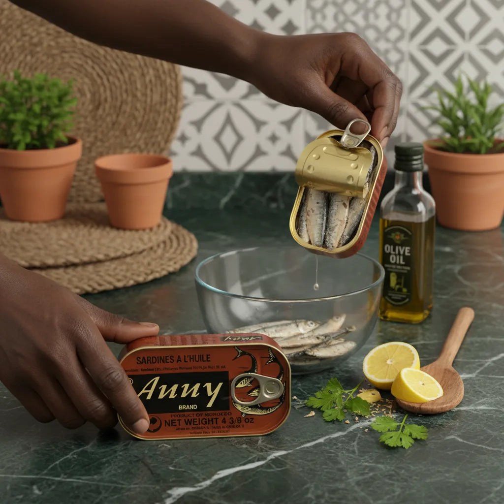 Sardines à l'huile ANNY versées dans un bol avec huile d'olive et herbes, parfaites pour recettes méditerranéennes maison.