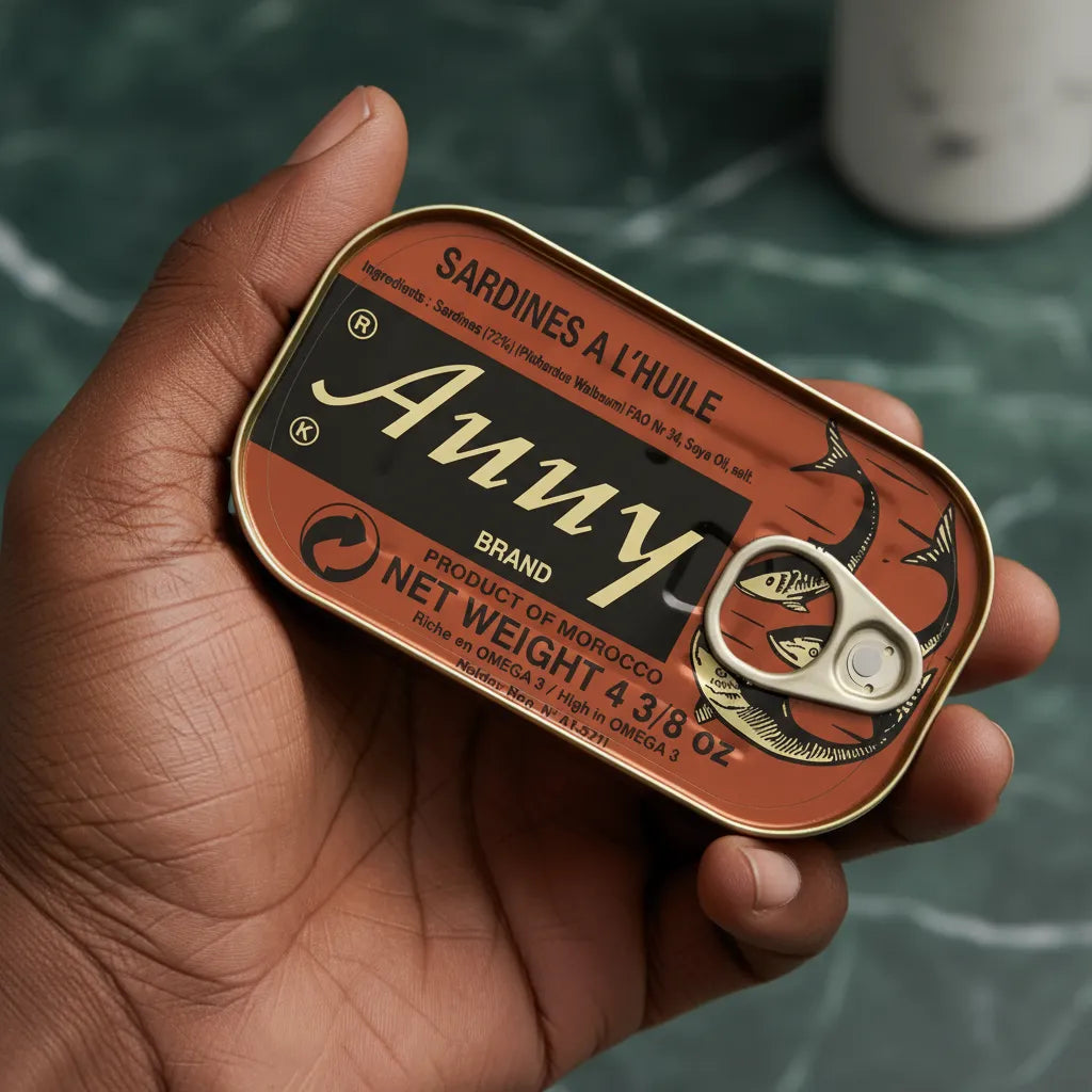 Main tenant une boîte de sardines à l'huile ANNY, idéale pour les amateurs de produits de la mer en conserve de qualité.