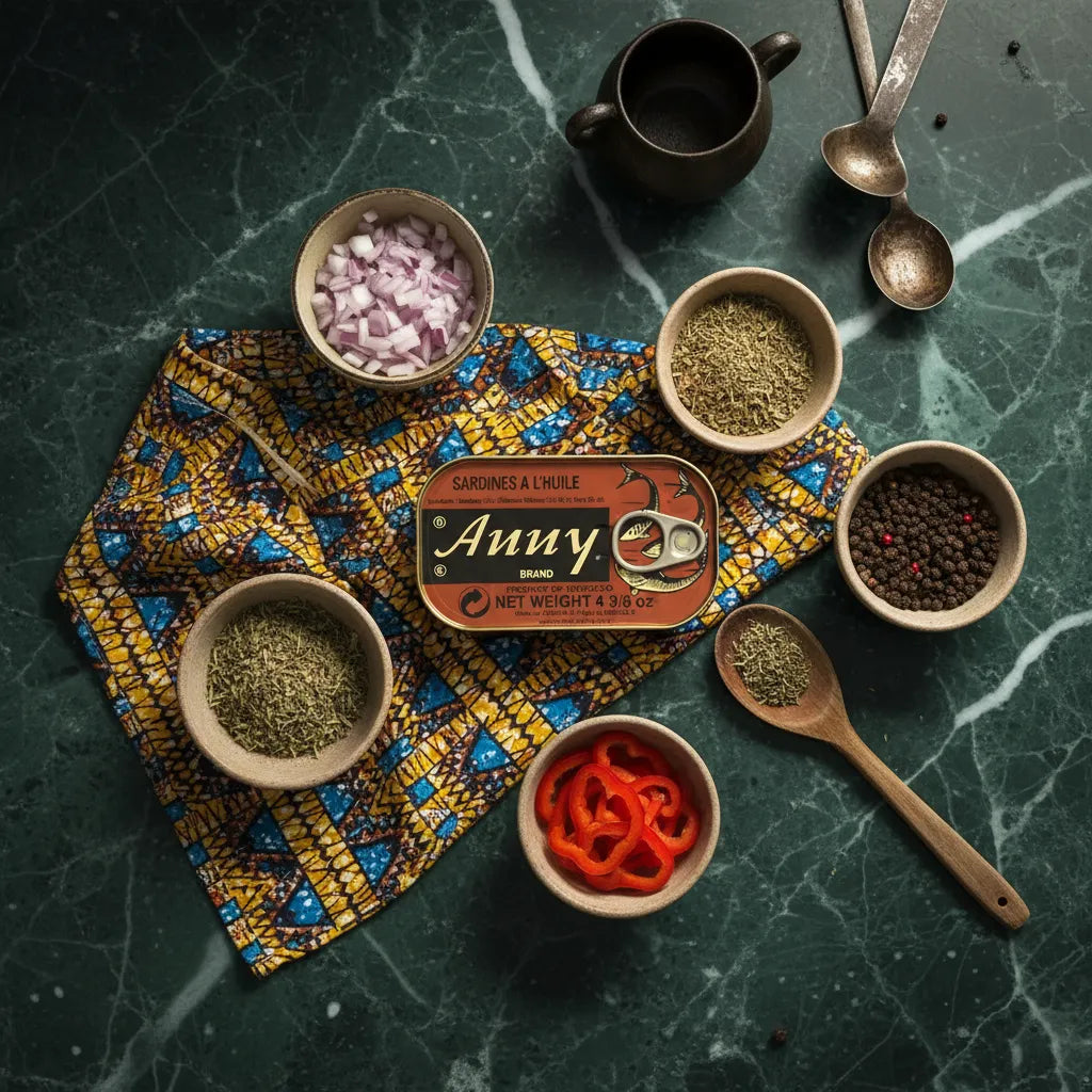Boîte de sardines à l'huile ANNY entourée d'épices et légumes, idéale pour cuisine créative et épicerie salée premium.