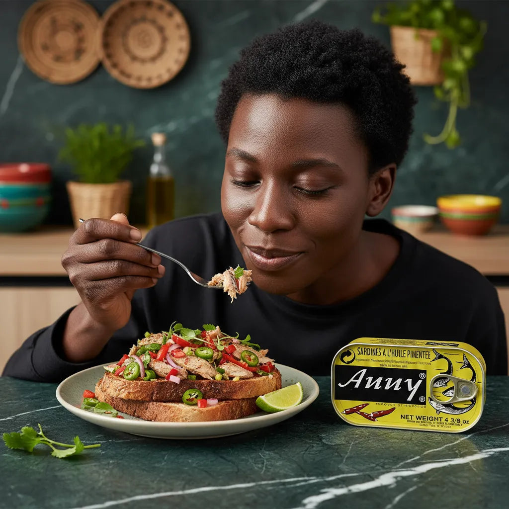 Femme dégustant des tartines garnies de sardines épicées ANNY, mettant en valeur le goût authentique et relevé du produit en cuisine maison.