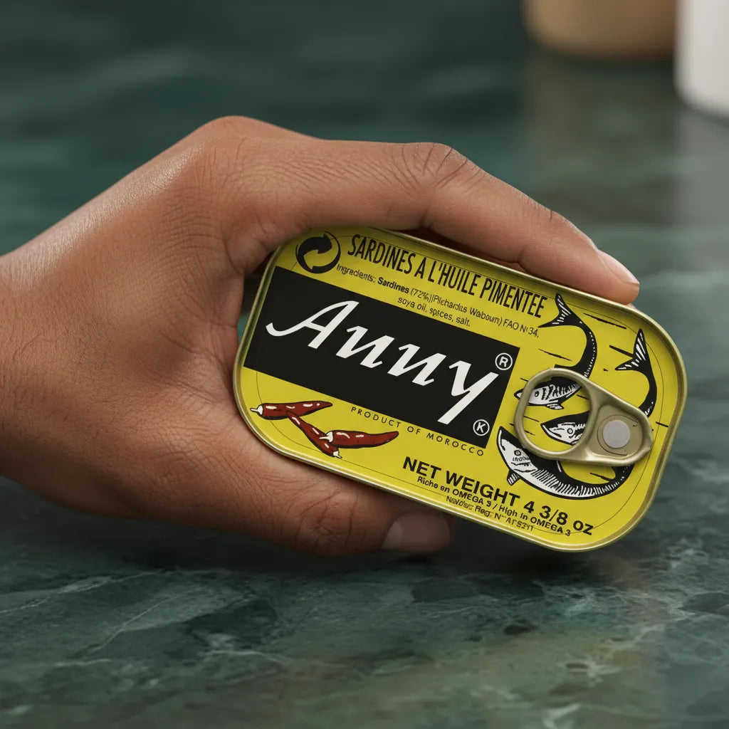 Main tenant une boîte de sardines épicées ANNY, mettant en avant le packaging jaune et noir au design attractif pour l'épicerie salée.