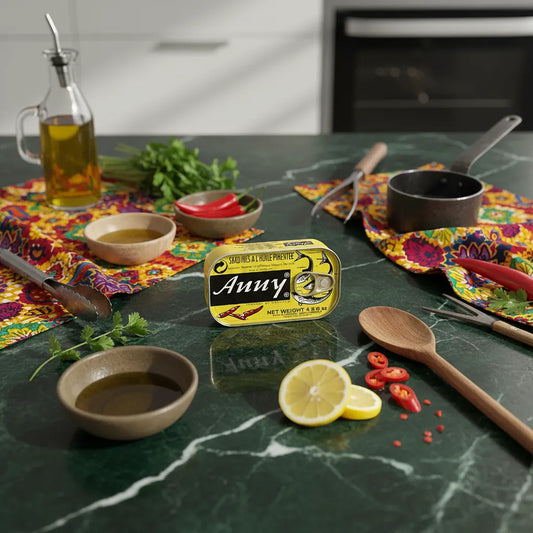 Boîte de sardines épicées ANNY posée sur une table de cuisine entourée d'ingrédients frais, idéale pour des recettes aux saveurs épicées.