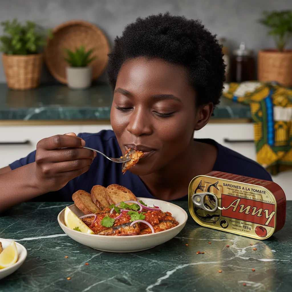 Femme dégustant un plat préparé avec les sardines tomate ANNY, conserve savoureuse idéale pour un repas rapide et équilibré.