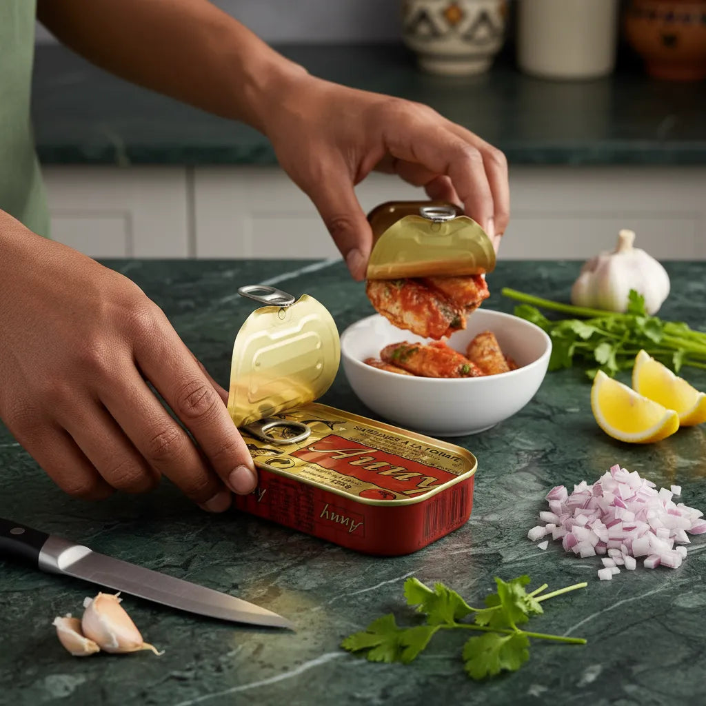 Sardines Tomate ANNY servies dans un bol, parfaites pour enrichir un repas maison avec une sauce tomate savoureuse.