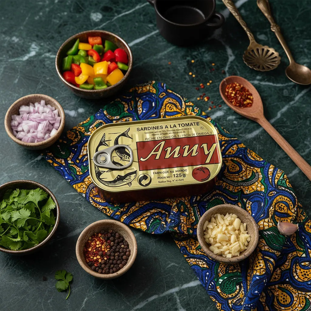 Boîte de sardines ANNY entourée d'ingrédients frais, parfaite pour des recettes maison à base de sardines en conserve.