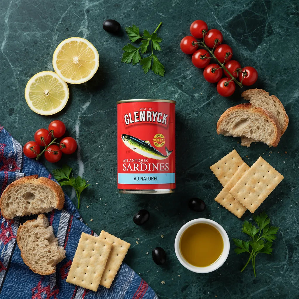 Sardines Glenryc naturelles entourées d'ingrédients frais comme citron, tomates et pain, parfaites pour une présentation culinaire en épicerie salée.