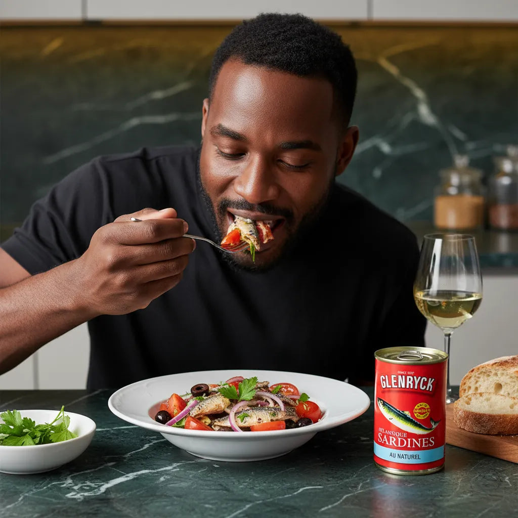 Homme dégustant un plat à base de sardines Glenryc naturelles, illustrant leur usage savoureux et nutritif dans la cuisine quotidienne.
