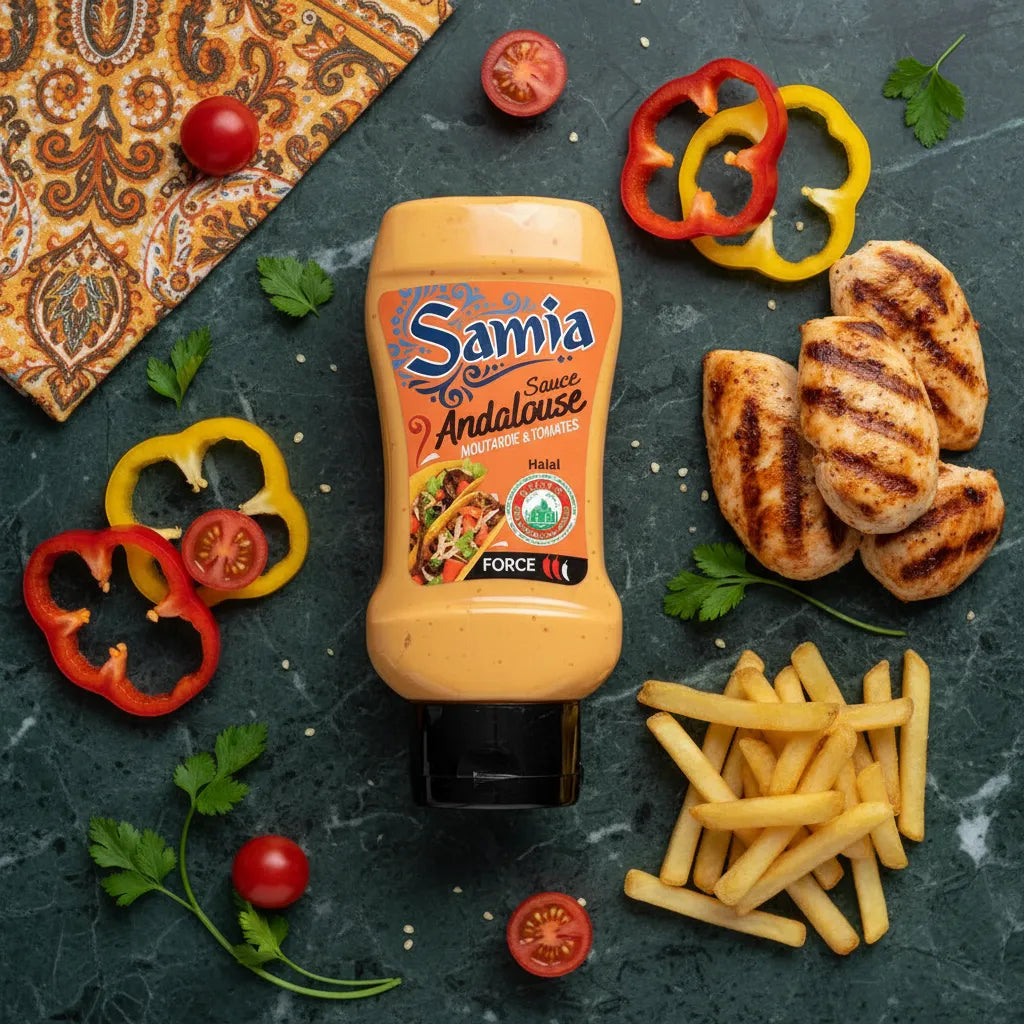 Flacon de Sauce Andalouse Halal SAMIA entouré de frites, poulet grillé et légumes frais, condiment crémeux aux épices relevées.