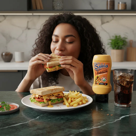 Femme dégustant un sandwich garni de Sauce Andalouse Halal SAMIA, accompagnée de frites et boisson, parfait pour repas savoureux.