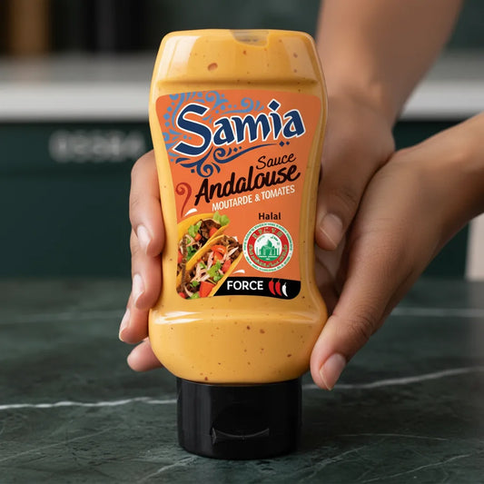 Main tenant un flacon de Sauce Andalouse Halal SAMIA, condiment onctueux à la moutarde et tomates, parfait pour plats épicés.