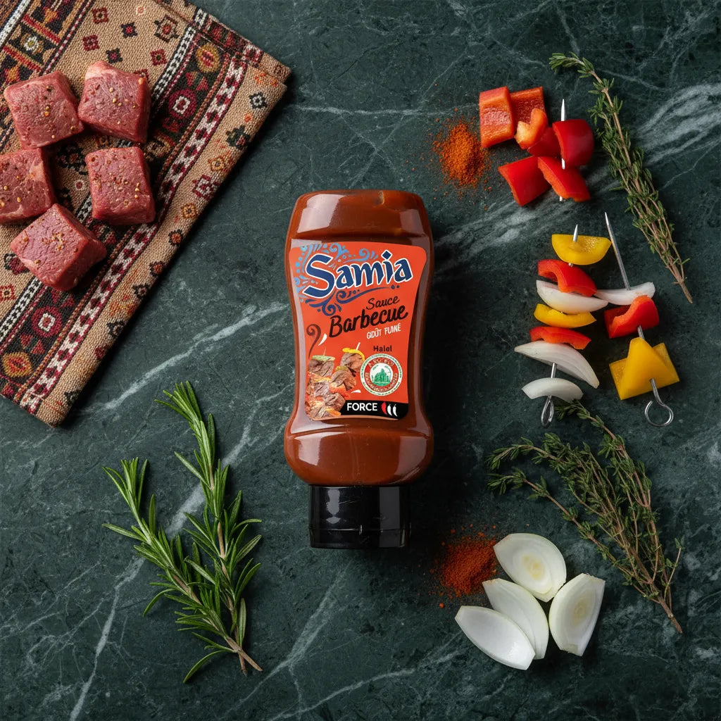 Bouteille de sauce barbecue halal SAMIA entourée d'ingrédients frais pour grillades, idéale pour sublimer vos recettes de barbecue.