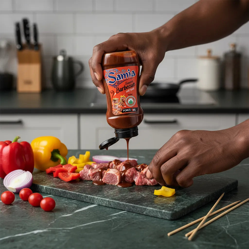 Application de la sauce barbecue halal SAMIA sur des brochettes de viande crue, parfaite pour marinades maison au goût fumé et sucré.