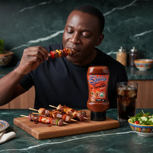 Homme dégustant des brochettes nappées de sauce barbecue halal SAMIA, parfaite pour accompagner les grillades avec un goût fumé intense.