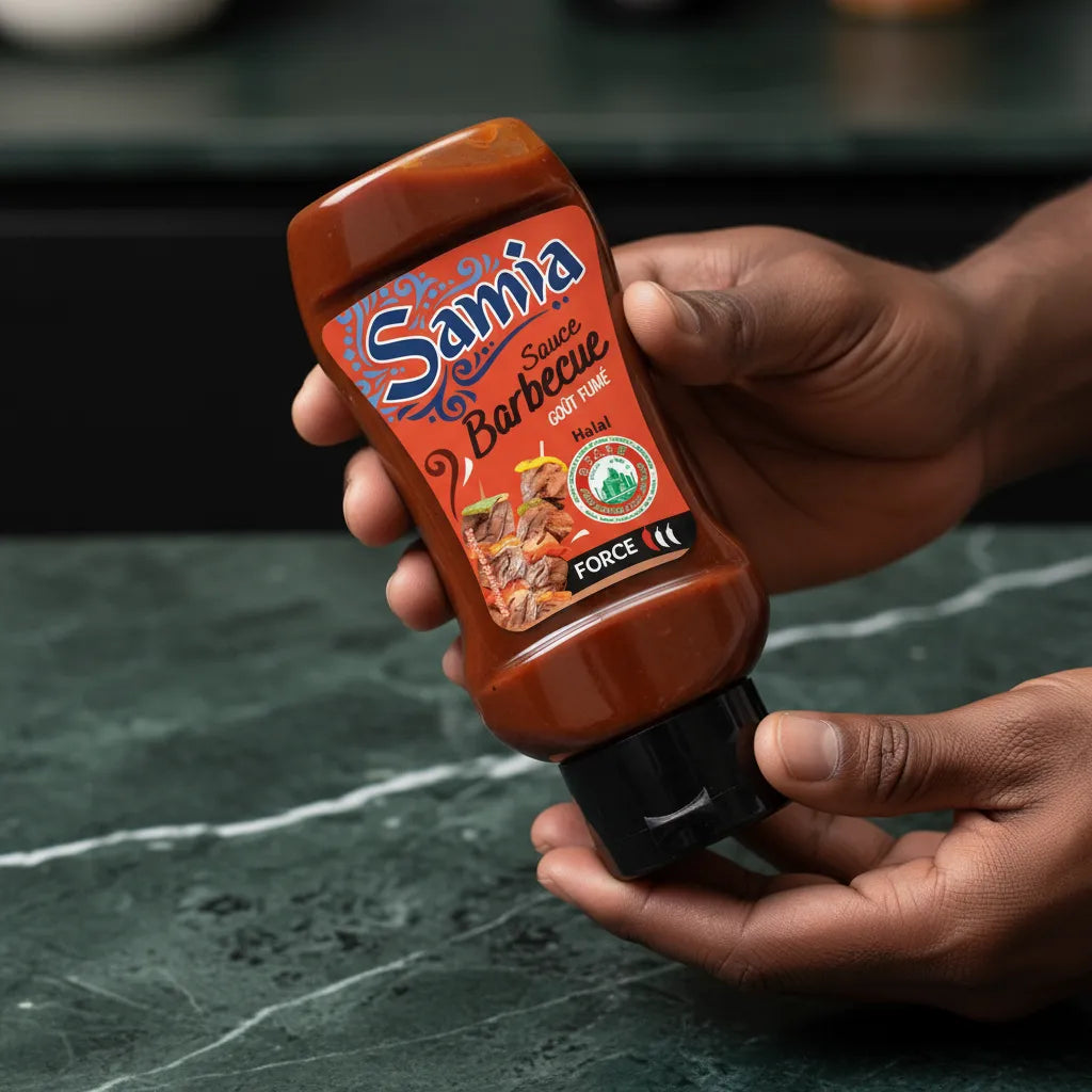 Main tenant la sauce barbecue halal SAMIA, condiment au goût fumé et sucré, pratique pour assaisonner viandes et légumes grillés.