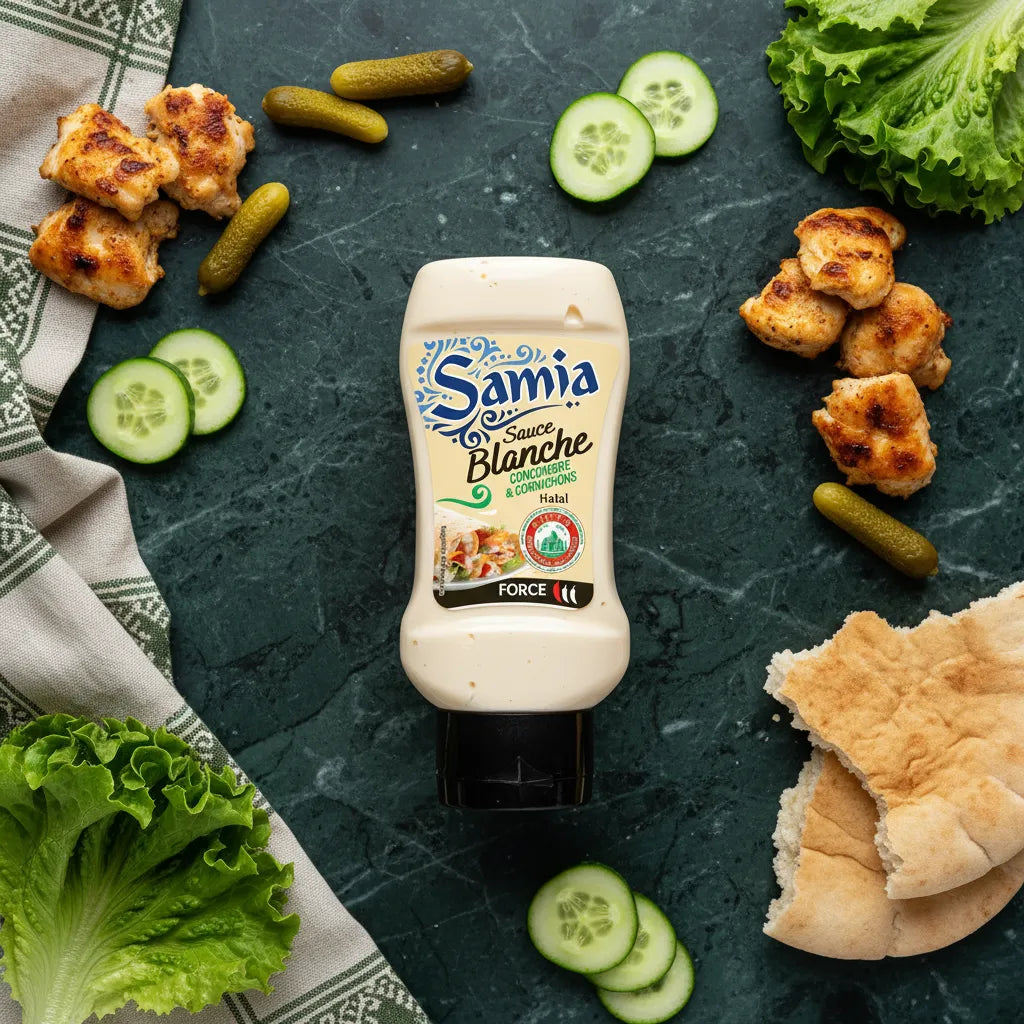 Bouteille de sauce blanche halal SAMIA entourée de légumes frais, pain pita et poulet grillé. Parfaite pour cuisine savoureuse et équilibrée.