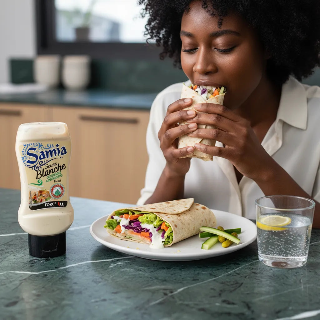 Femme dégustant un wrap garni avec la sauce blanche halal SAMIA, posée sur la table. Sauce crémeuse parfaite pour repas gourmands.