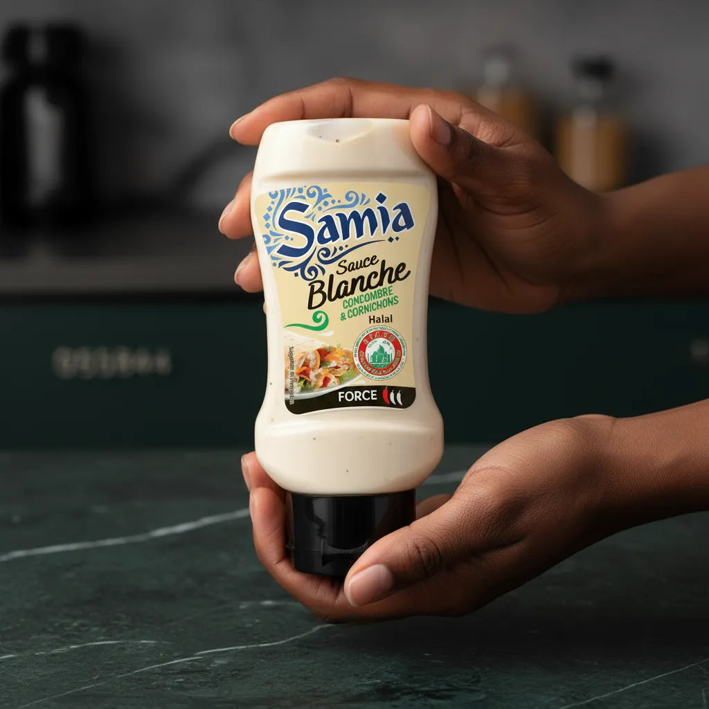 Main tenant la sauce blanche halal SAMIA, condiment onctueux aux cornichons. Idéal pour accompagner plats orientaux et grillades.