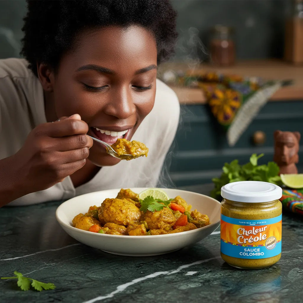 Femme dégustant un plat cuisiné avec la sauce colombo CHALEUR CREOLE, révélant la richesse des saveurs créoles authentiques.