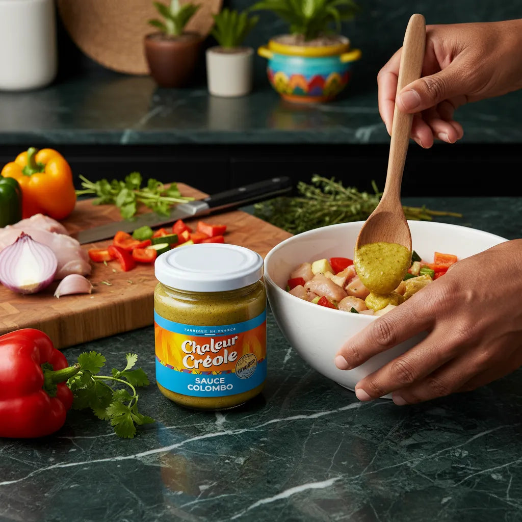 Préparation d’un plat avec la sauce colombo CHALEUR CREOLE, accompagnée de légumes frais sur un plan de travail de cuisine moderne.