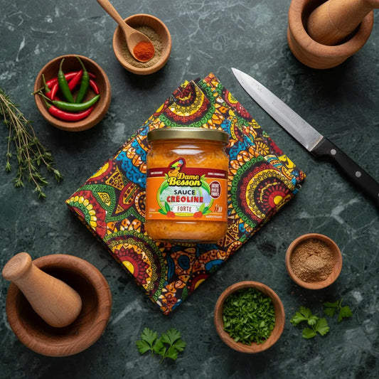 Bocal de Sauce Créoline Forte DAME BESSON posé sur tissu coloré, entouré d'épices fraîches, idéal pour plats relevés.