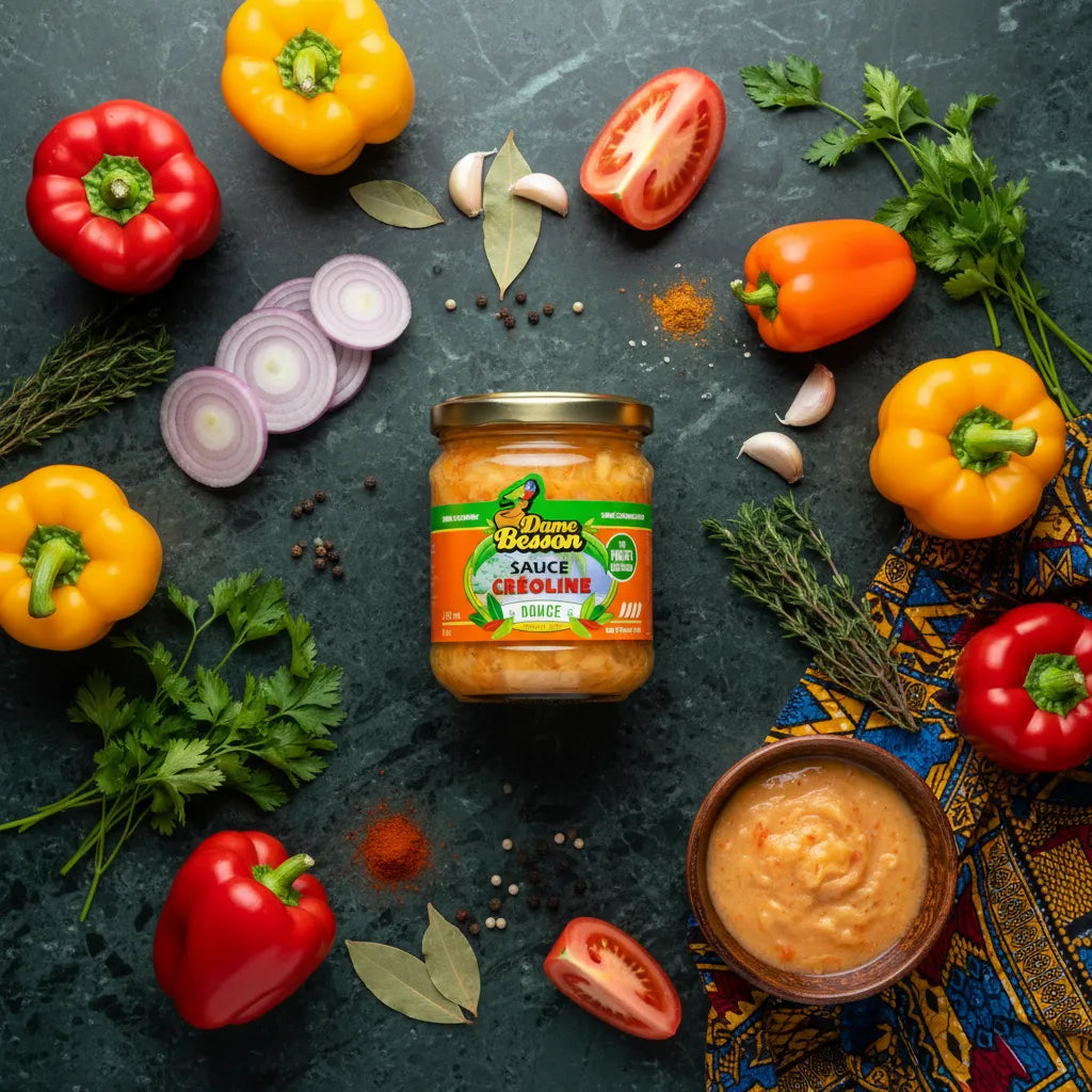 Sauce créoline douce DAME BESSON entourée d'ingrédients frais comme poivrons, oignons et herbes. Idéale pour enrichir vos recettes antillaises.