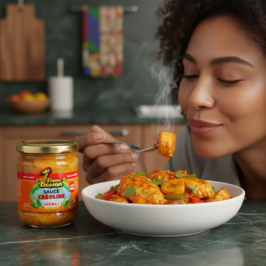 Femme dégustant un plat chaud préparé avec la sauce créoline DAME BESSON - Épicée. Saveurs authentiques et cuisine maison en arrière-plan.