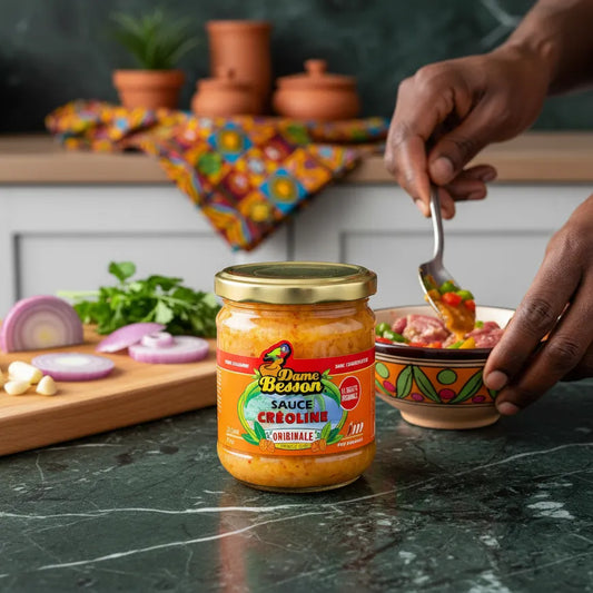 Sauce créoline DAME BESSON utilisée en cuisine, posée sur un plan de travail avec ingrédients frais. Parfaite pour assaisonner les plats traditionnels.