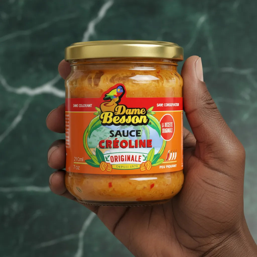 Main tenant un pot de sauce créoline DAME BESSON - Épicée, texture onctueuse, idéale pour relever les plats créoles et exotiques.