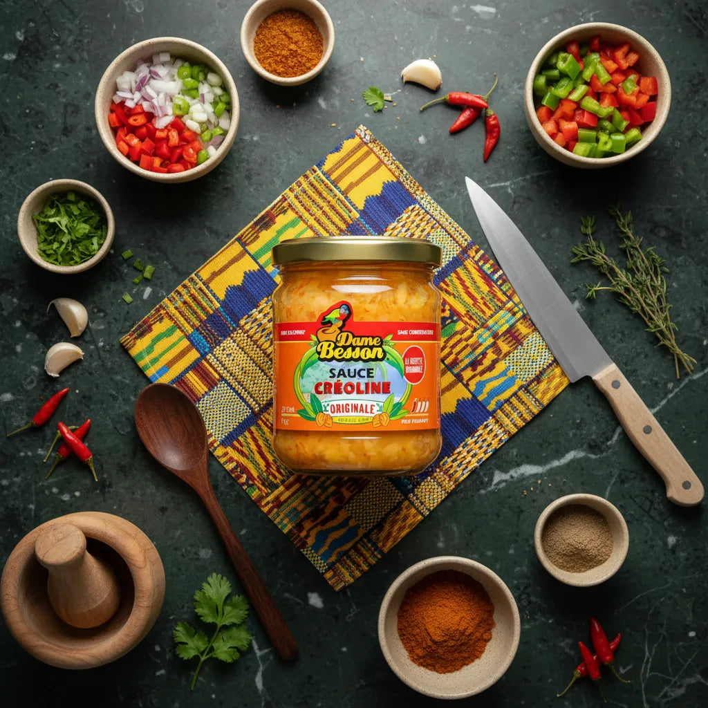 Pot de sauce créoline DAME BESSON entouré d’ingrédients frais et épices sur napperon coloré. Condiment créole pour cuisine savoureuse.