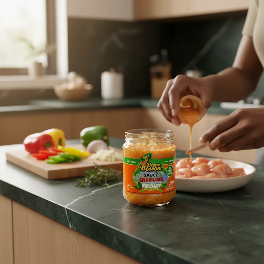 Utilisation de la sauce créoline douce DAME BESSON en cuisine pour assaisonner du poulet, avec légumes frais en arrière-plan. Saveur douce et épicée.