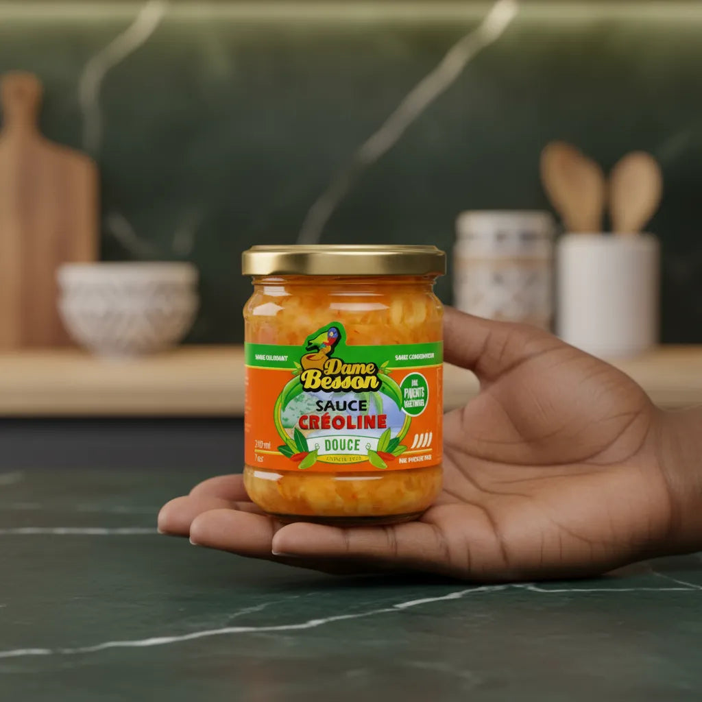Pot de sauce créoline douce DAME BESSON tenu en main, parfait pour l'épicerie salée. Condiment doux aux piments végétariens pour plats exotiques.