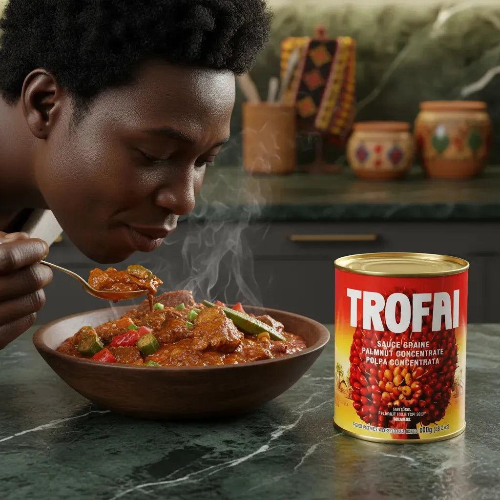 Dégustation d’un plat chaud préparé avec la Sauce graine TROFAI - Saveurs Ouest-Africaines, concentré de graines de palme, épicerie salée.