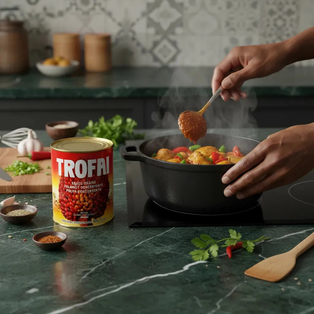 Préparation d’un plat africain avec la Sauce graine TROFAI - Saveurs Ouest-Africaines, concentré de pulpe de palme en cuisine traditionnelle.