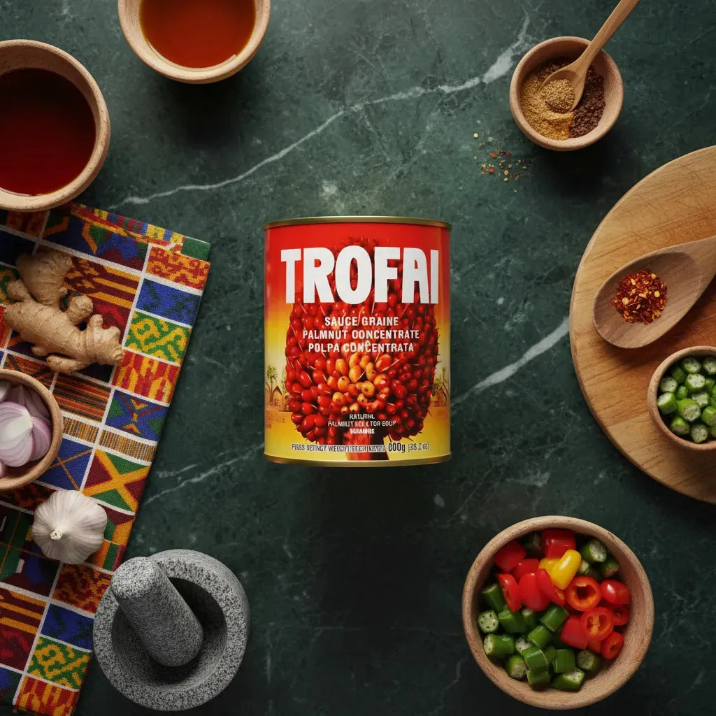 Sauce graine TROFAI - Saveurs Ouest-Africaines entourée d’ingrédients frais africains, idéale pour recettes exotiques, catégorie épicerie salée.