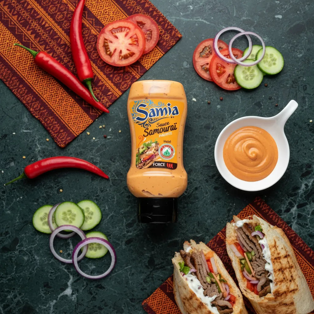 Flacon de Sauce Samourai halal SAMIA - Rehaussez Vos Plats | Crémeux, Épicé entouré d’ingrédients frais et sandwich kebab, parfait pour les repas relevés.
